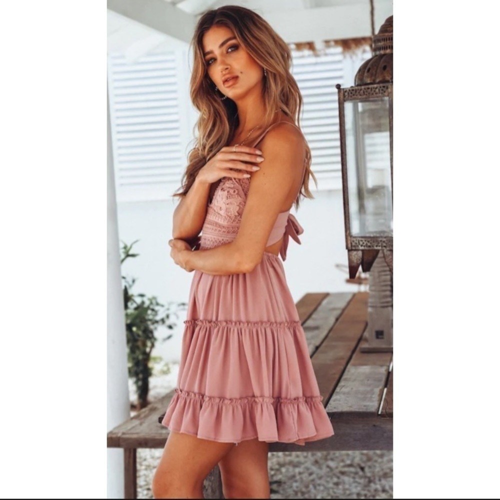 Showpo Crochet Chiffon Blush Tie Back Mini Dress - Picture 3 of 10